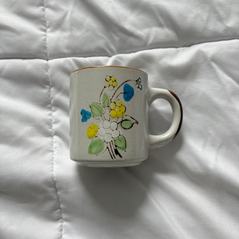 Vintage Floral Stoneware‎ Coffee Mug Hand Painted Blue Yellow Floral Speckled